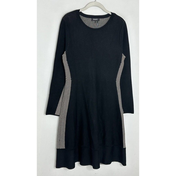 DKNY Women's Black Chevron Fit & Flare A Line Long Sleeve Sweater Dress Sz Small - Picture 2 of 5